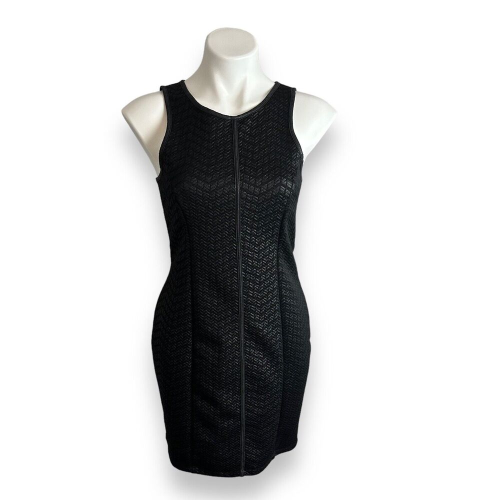 MONTEAU Dress Sz L Black Bodycon Sheath Textured Basketweave Chevron Mini LBD